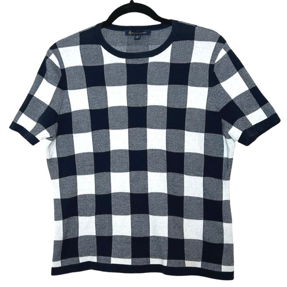 Brooks Brothers Women’s Short Sleeve Gingham Sweater Top Navy Blue/White Size XL